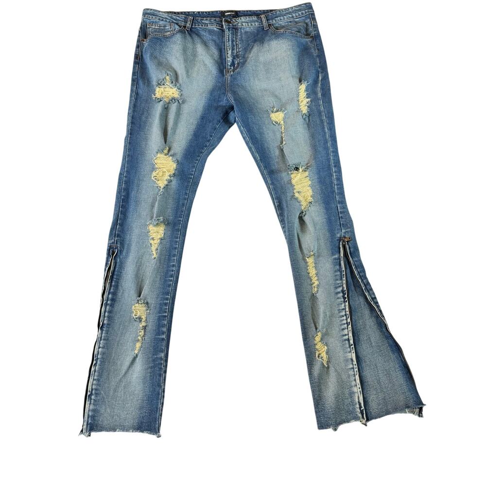 Nova Men Y2K Rockabilly Distressed Stacked Flare Jeans Zip Hem Size 40